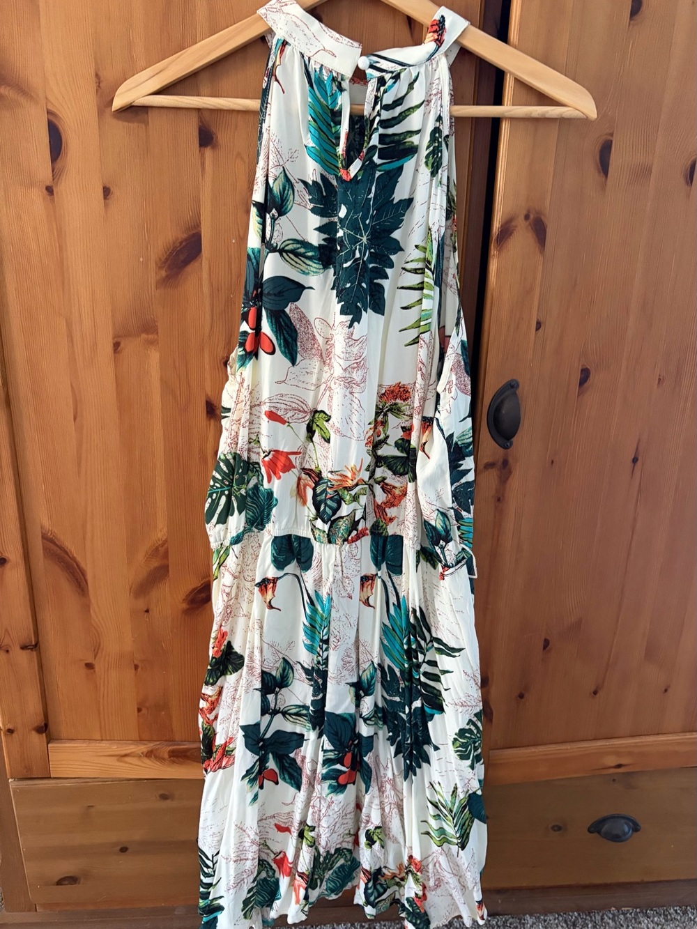 SHEIN White Tropical Strapless Maxi Dress with Green & Coral Print